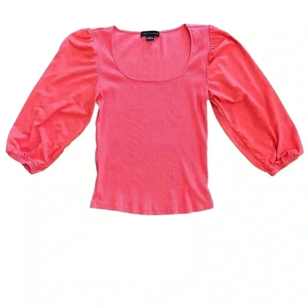 Sanctuary Puff Sleeve Blouse Pink Ribbed Women’s Size Medium Boho Minimalist